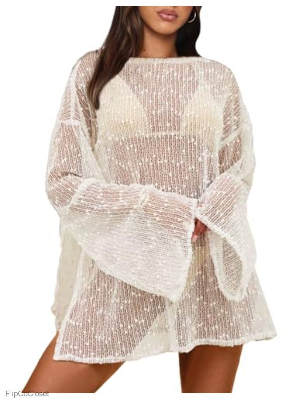 Women Long Sleeve Crochet Cover Up Dress Beach Swim Suit